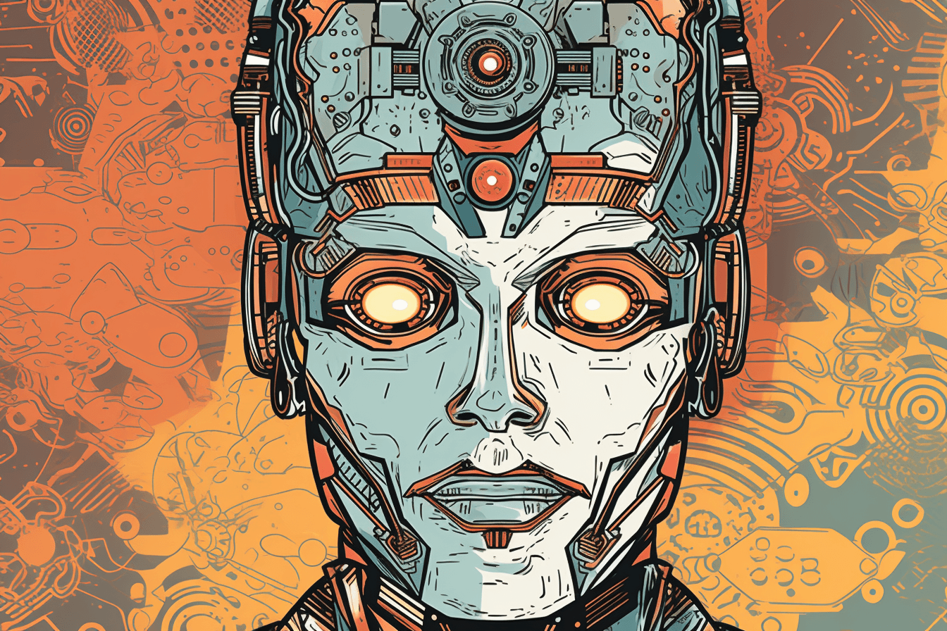 A pop art-style wallpaper featuring a comic book-style illustration of a futuristic robot or cyborg.