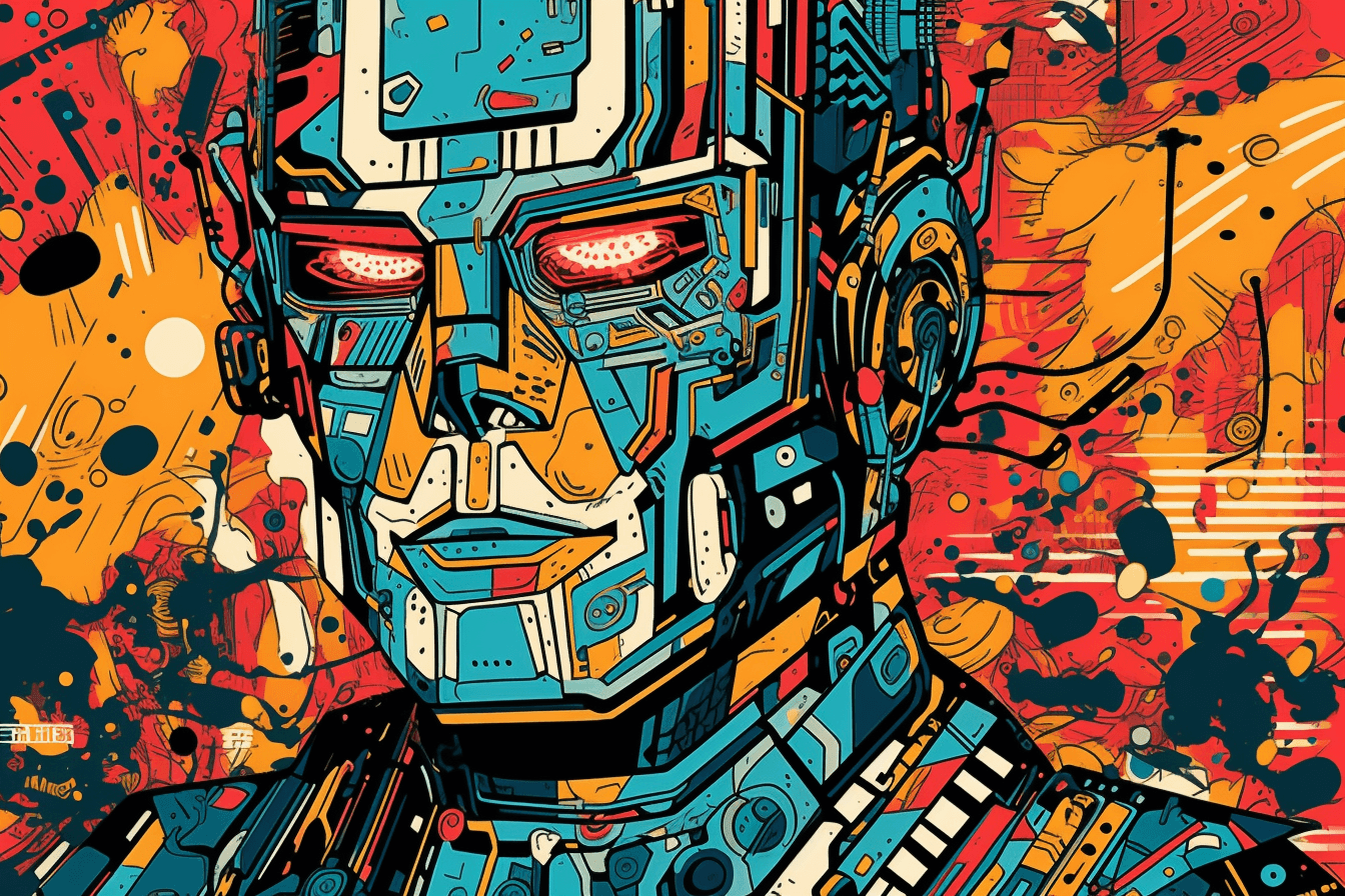 A pop art-style wallpaper featuring a comic book-style illustration of a futuristic robot or cyborg.