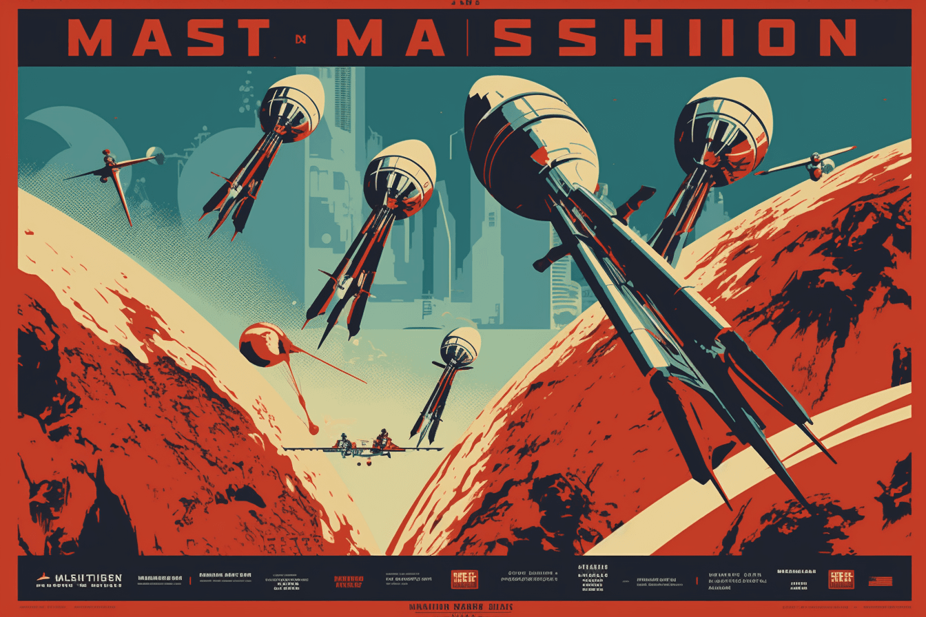 A poster-style image of a mission to Mars, with bold typography and a futuristic color scheme that represents the ambition of space exploration.