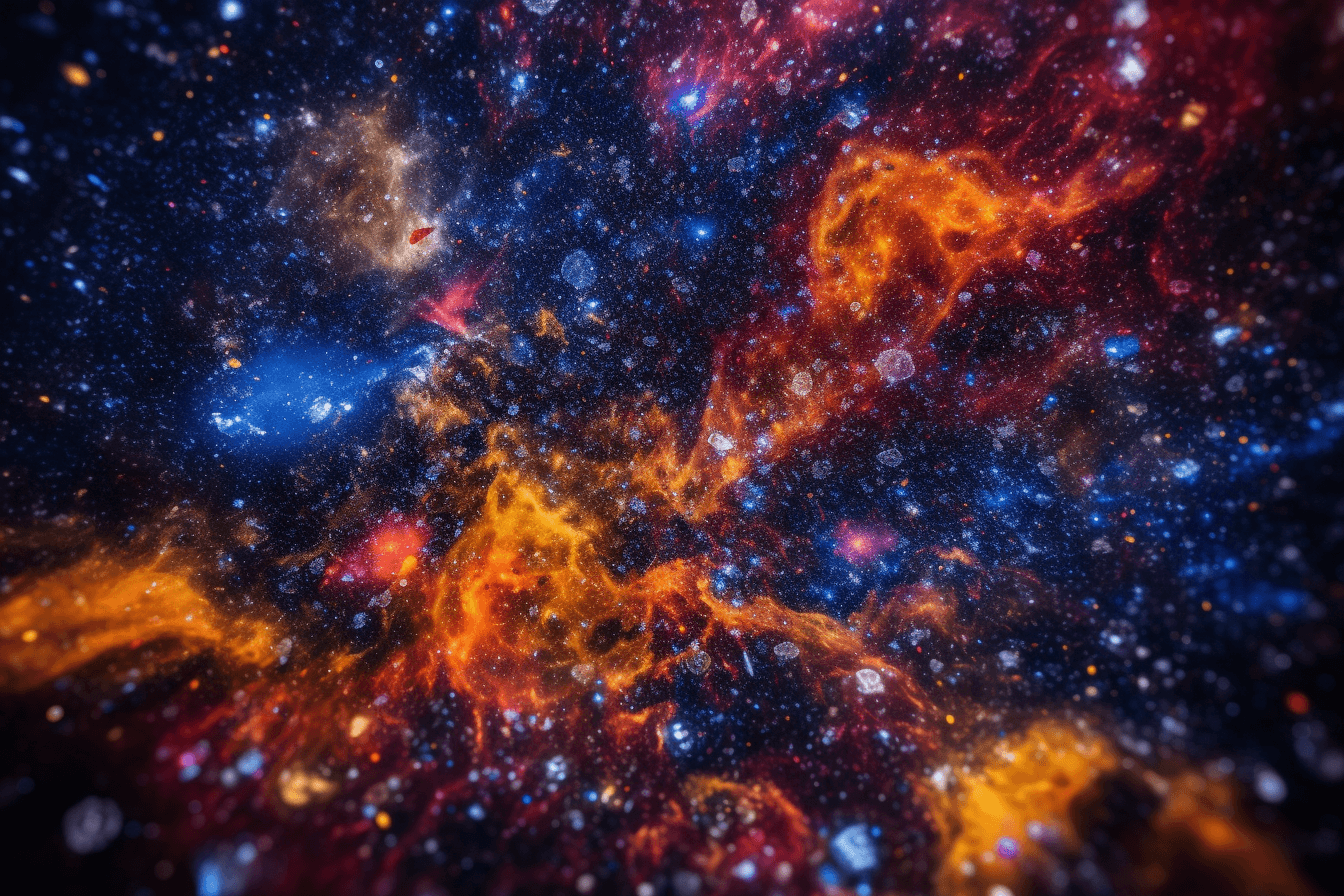 A realistic photograph of a galaxy cluster, with bright colors and intricate details that showcase the vastness of the universe.