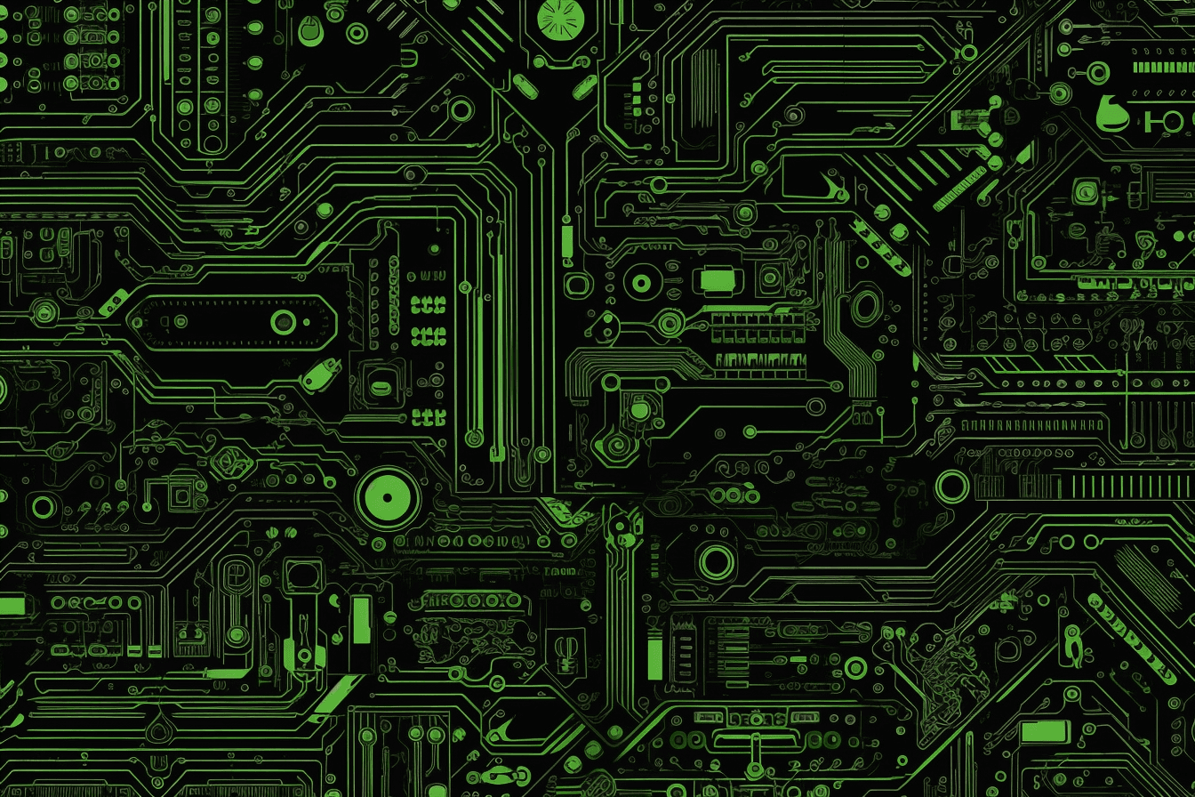 A repeating pattern of circuit board components, in shades of black, grey, and neon green.