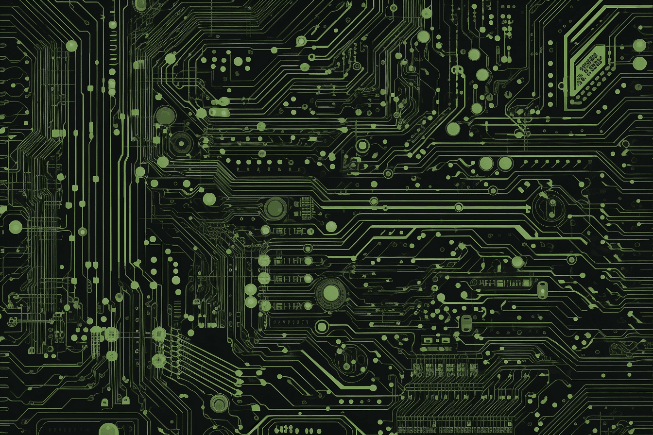 A repeating pattern of circuit board components, in shades of black, grey, and neon green.