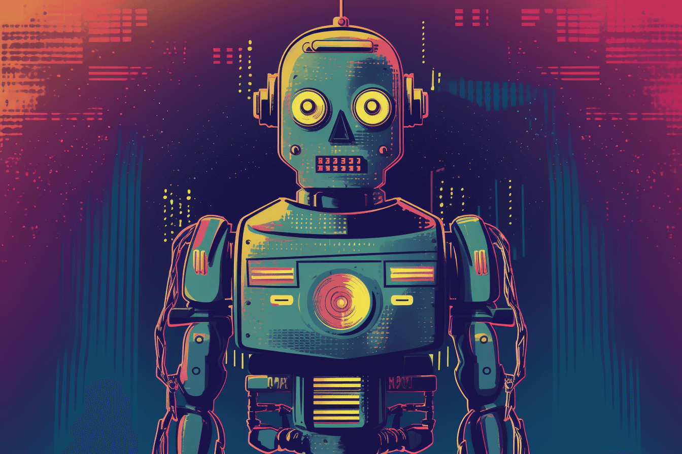 A retro-futuristic wallpaper featuring a vintage illustration of a robot, set against a neon-colored background.