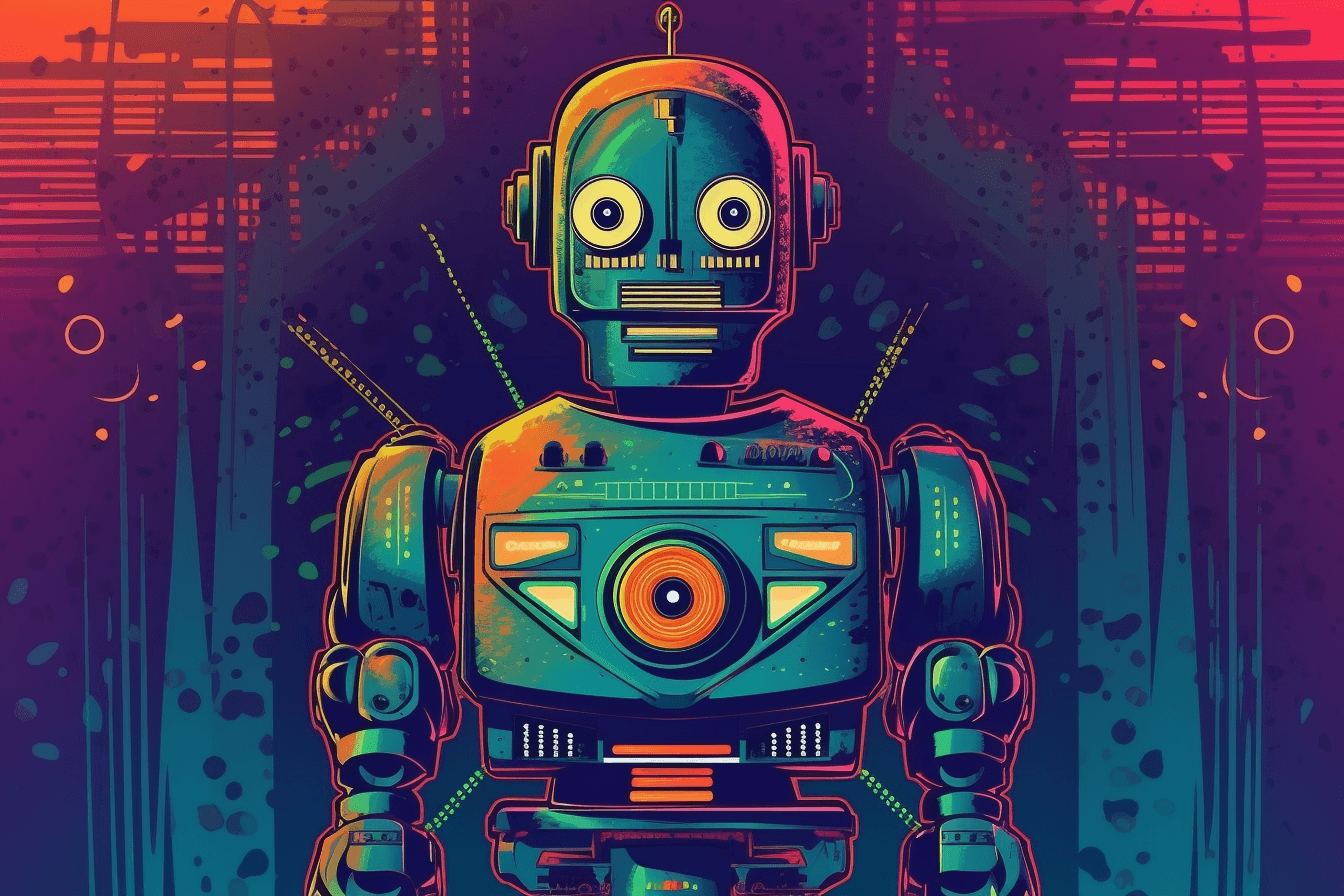 A retro-futuristic wallpaper featuring a vintage illustration of a robot, set against a neon-colored background.