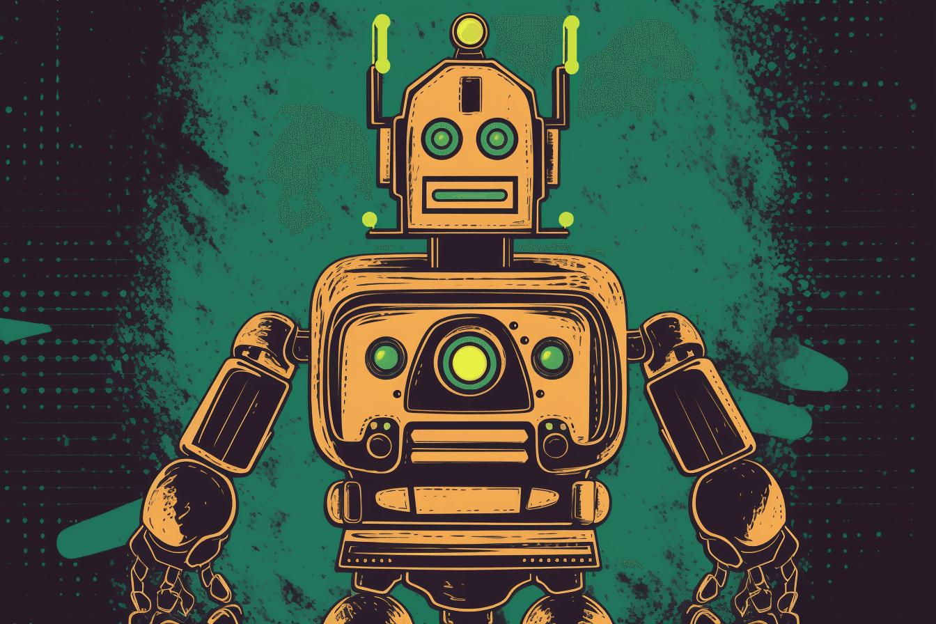 A retro-futuristic wallpaper featuring a vintage illustration of a robot, set against a neon-colored background.