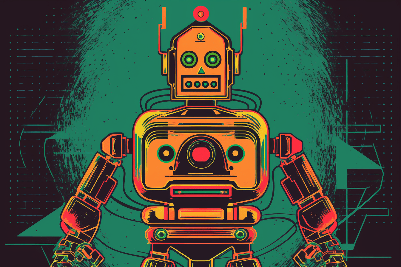 A retro-futuristic wallpaper featuring a vintage illustration of a robot, set against a neon-colored background.