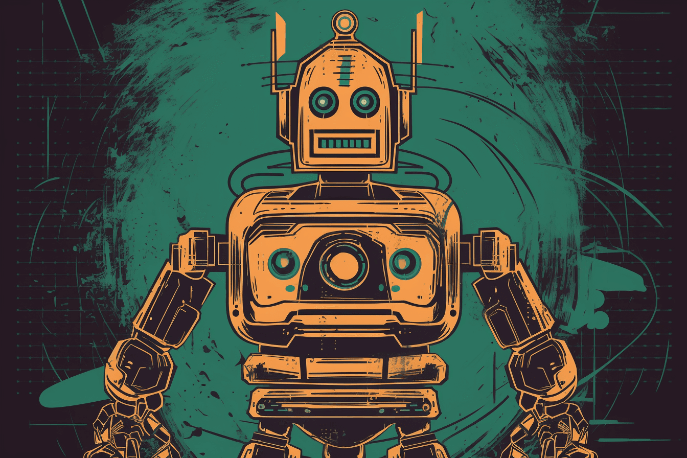 A retro-futuristic wallpaper featuring a vintage illustration of a robot, set against a neon-colored background.