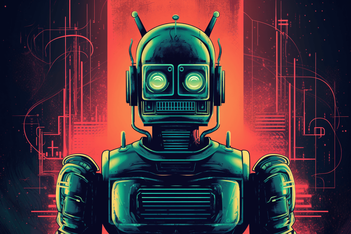 A retro-futuristic wallpaper featuring a vintage illustration of a robot, set against a neon-colored background.