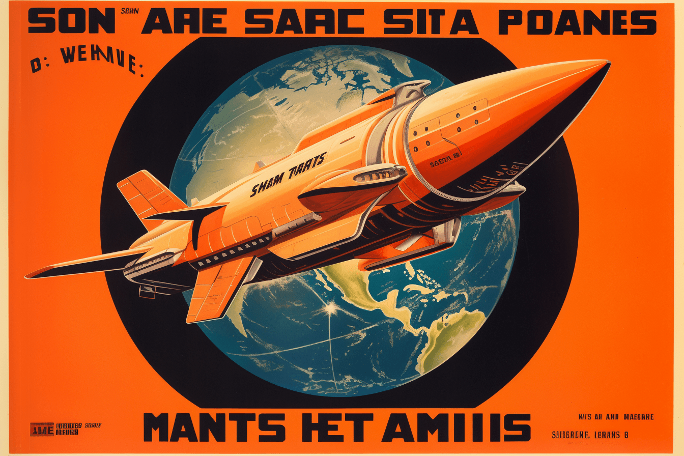 A retro poster-style image of a spaceship in orbit around Earth, with bold colors and typography.