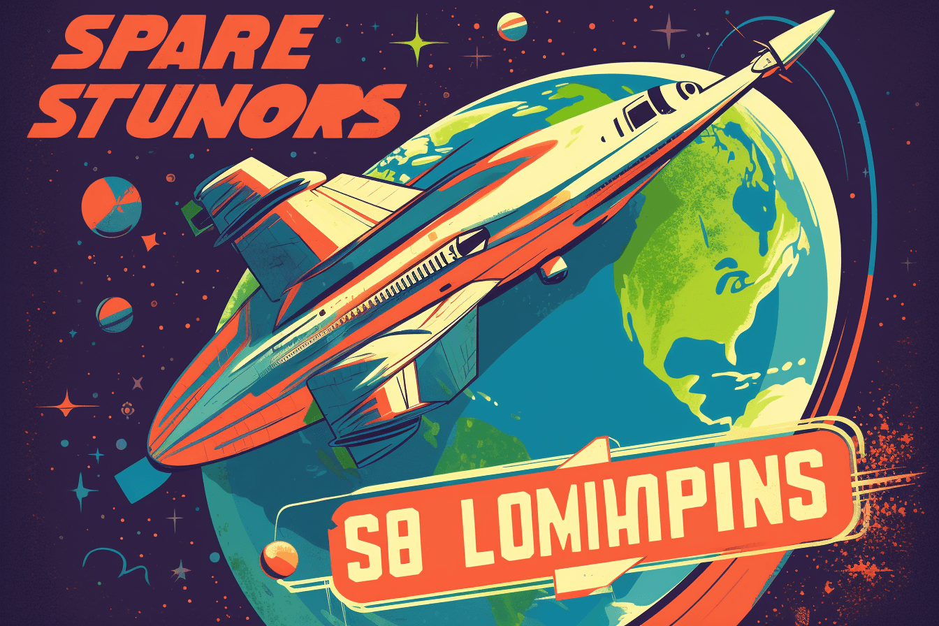 A retro poster-style image of a spaceship in orbit around Earth, with bold colors and typography.