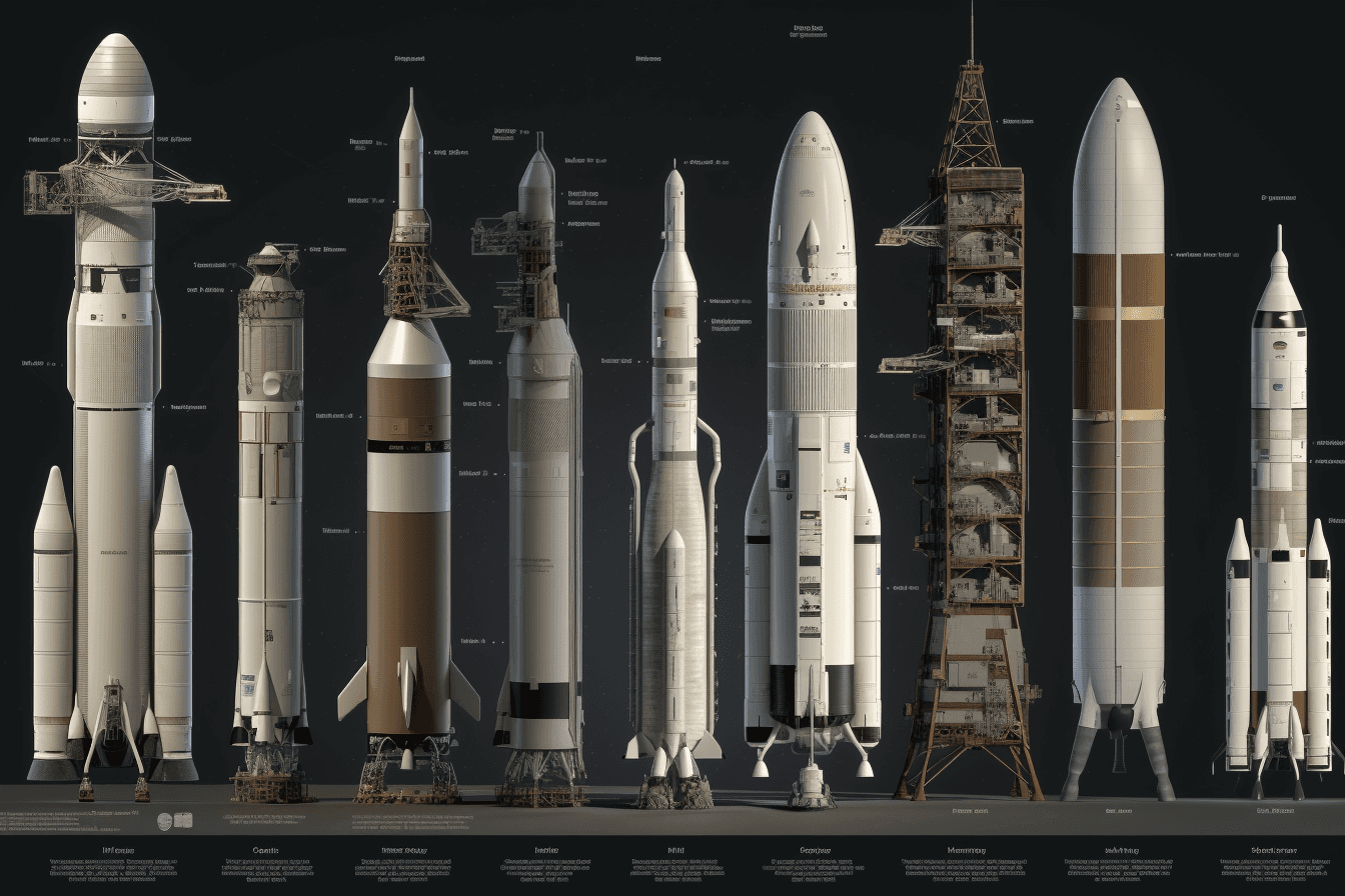 A series of images depicting the progression of space exploration, from early rockets to modern spacecraft.