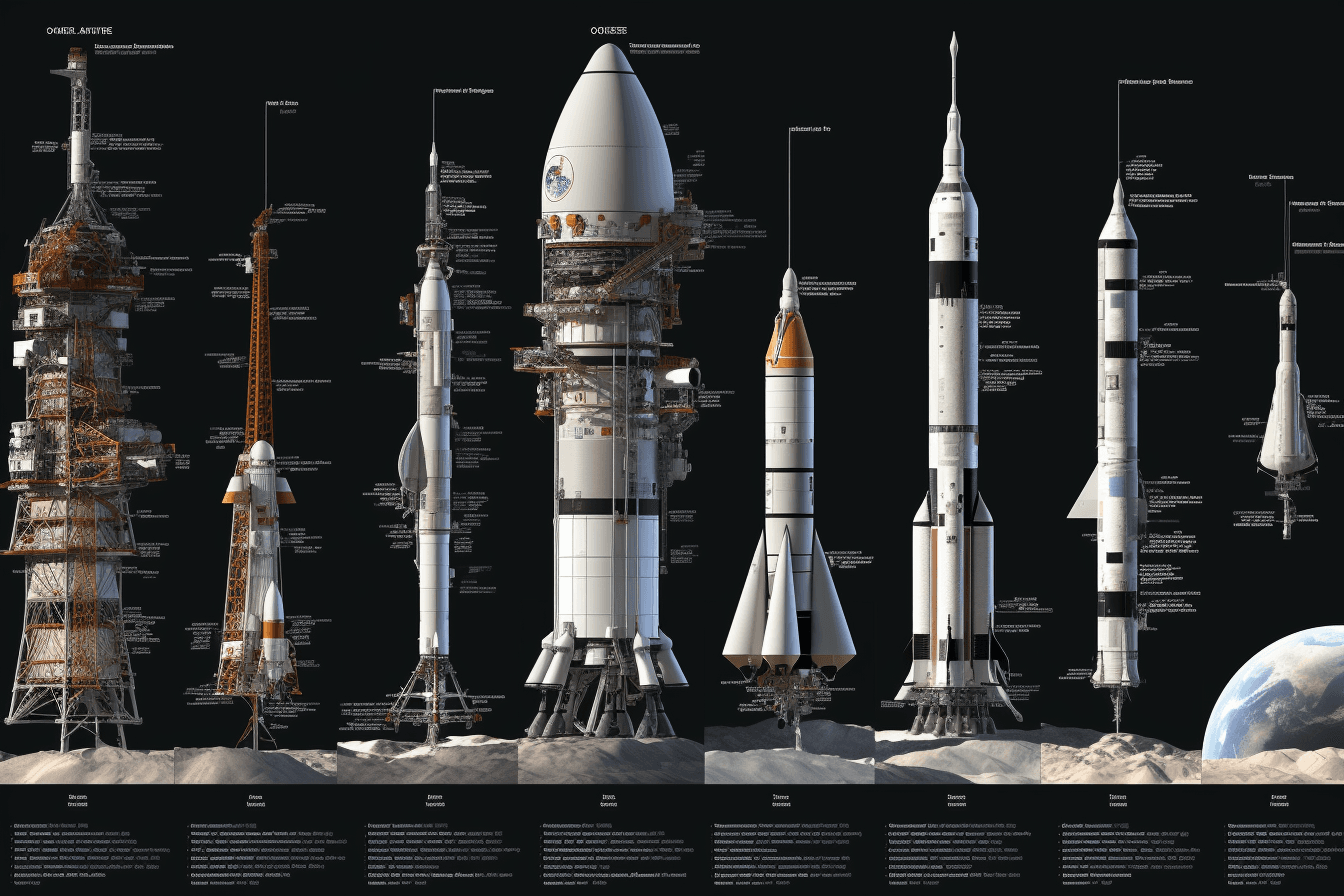 A series of images depicting the progression of space exploration, from early rockets to modern spacecraft.