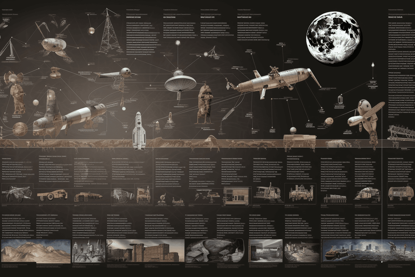 A series of images depicting the progression of space exploration, from early rockets to modern spacecraft.