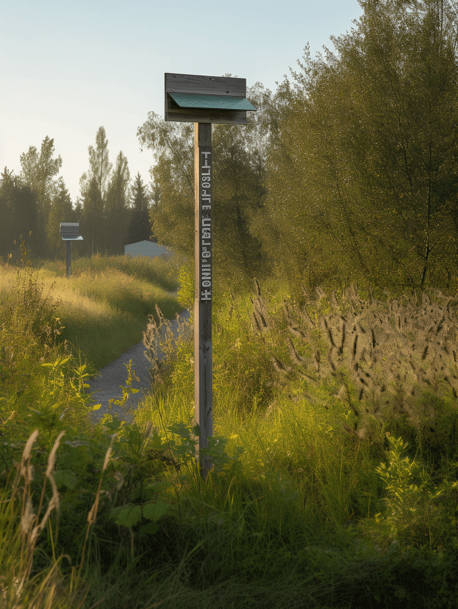 a sign on a wooden pole next to bushes, in the style of bibliographic anomalies, terragen, johannes jan schoonhoven, tyko sallinen, soggy, light green and dark gray, tatsuyuki tanaka