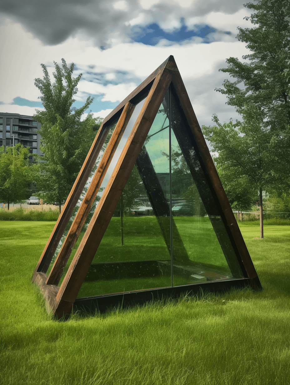 a small wooden tent against the green grass, in the style of glass fragments art, constantin brancusi, symmetrical balance, contemporary canadian art, security camera, elfriede lohse-wächtler, stone