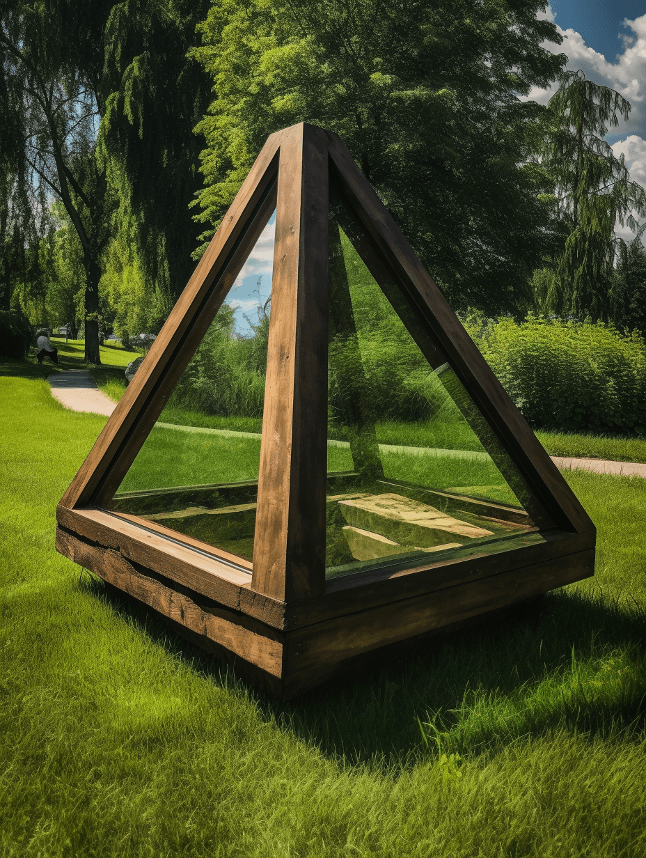 a small wooden tent against the green grass, in the style of glass fragments art, constantin brancusi, symmetrical balance, contemporary canadian art, security camera, elfriede lohse-wächtler, stone