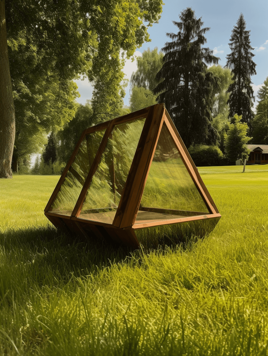 a small wooden tent against the green grass, in the style of glass fragments art, constantin brancusi, symmetrical balance, contemporary canadian art, security camera, elfriede lohse-wächtler, stone