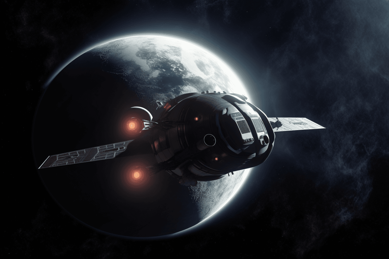 A stylized depiction of a spacecraft in orbit around a distant planet or moon, with dramatic lighting and shadows.