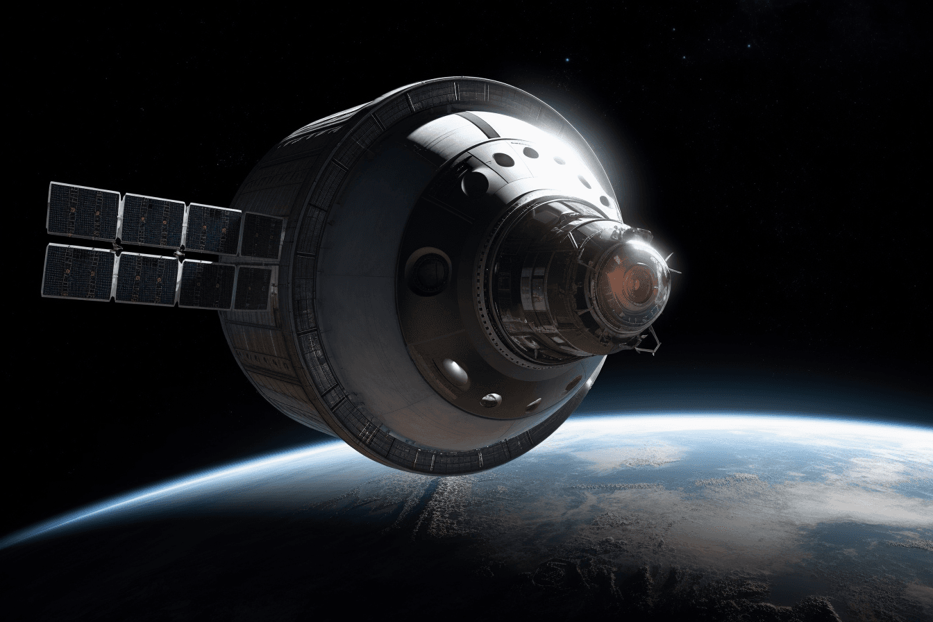 A stylized depiction of a spacecraft in orbit around a distant planet or moon, with dramatic lighting and shadows.