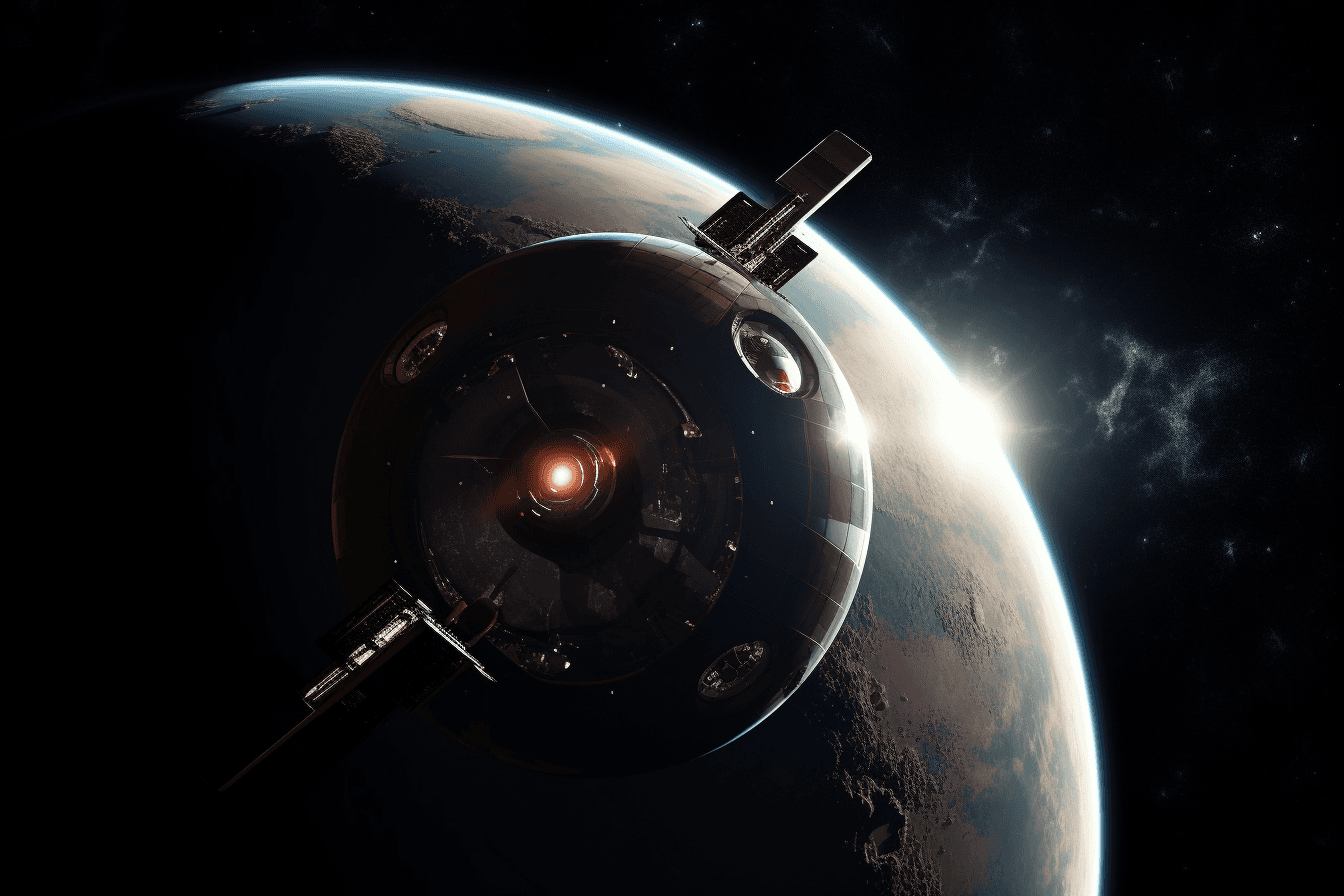 A stylized depiction of a spacecraft in orbit around a distant planet or moon, with dramatic lighting and shadows.