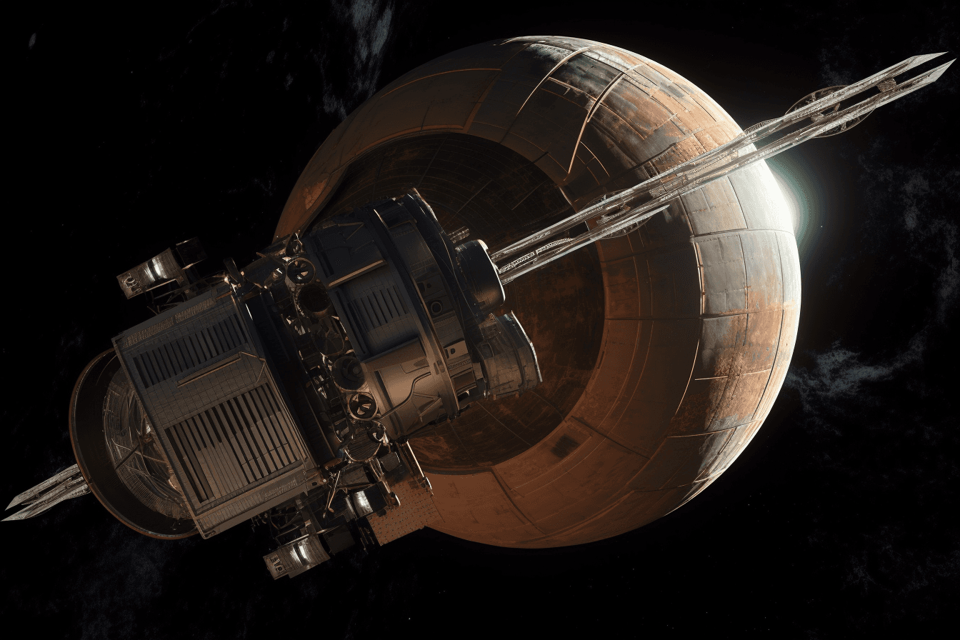 A stylized depiction of a spacecraft in orbit around a distant planet or moon, with dramatic lighting and shadows.