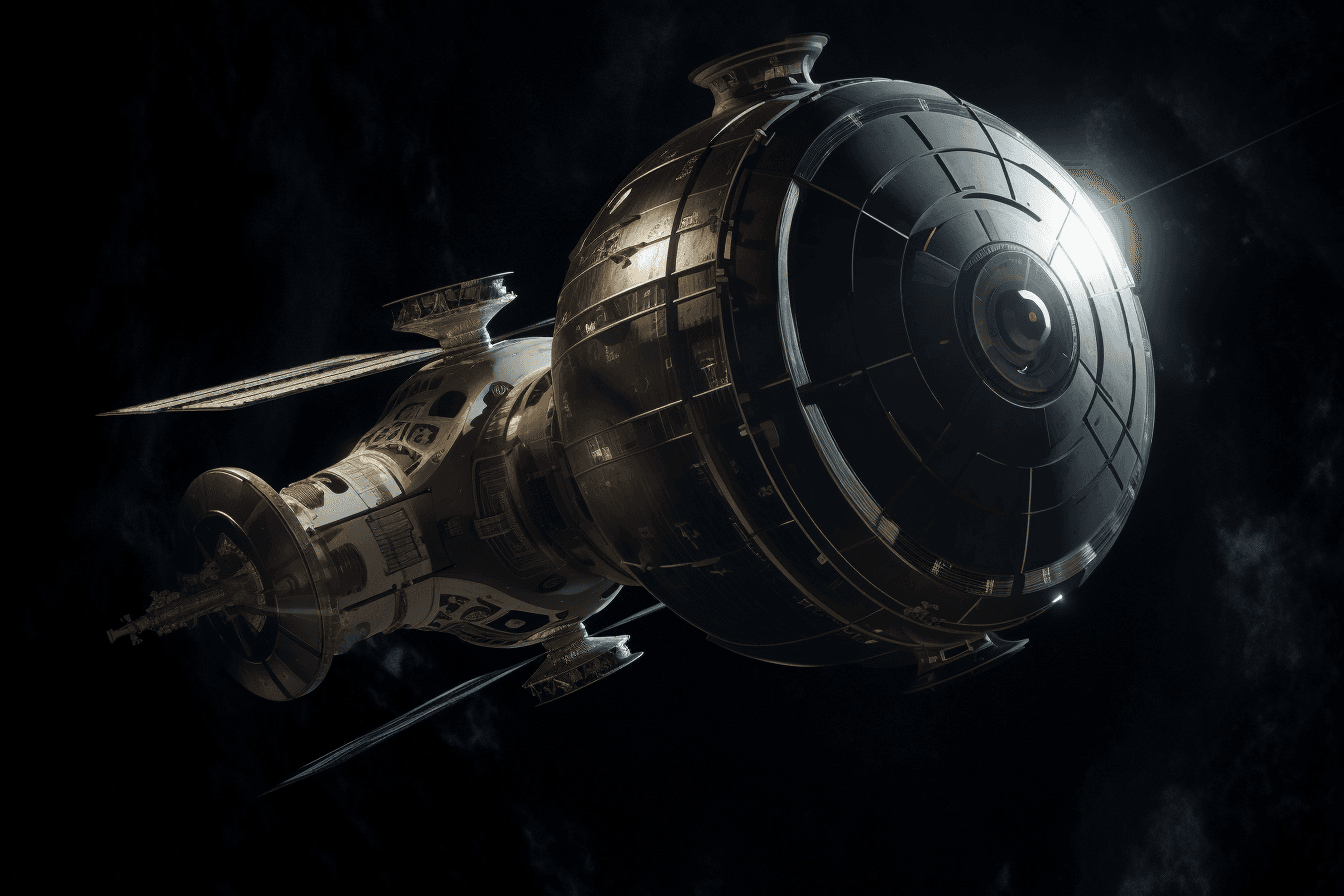 A stylized depiction of a spacecraft in orbit around a distant planet or moon, with dramatic lighting and shadows.