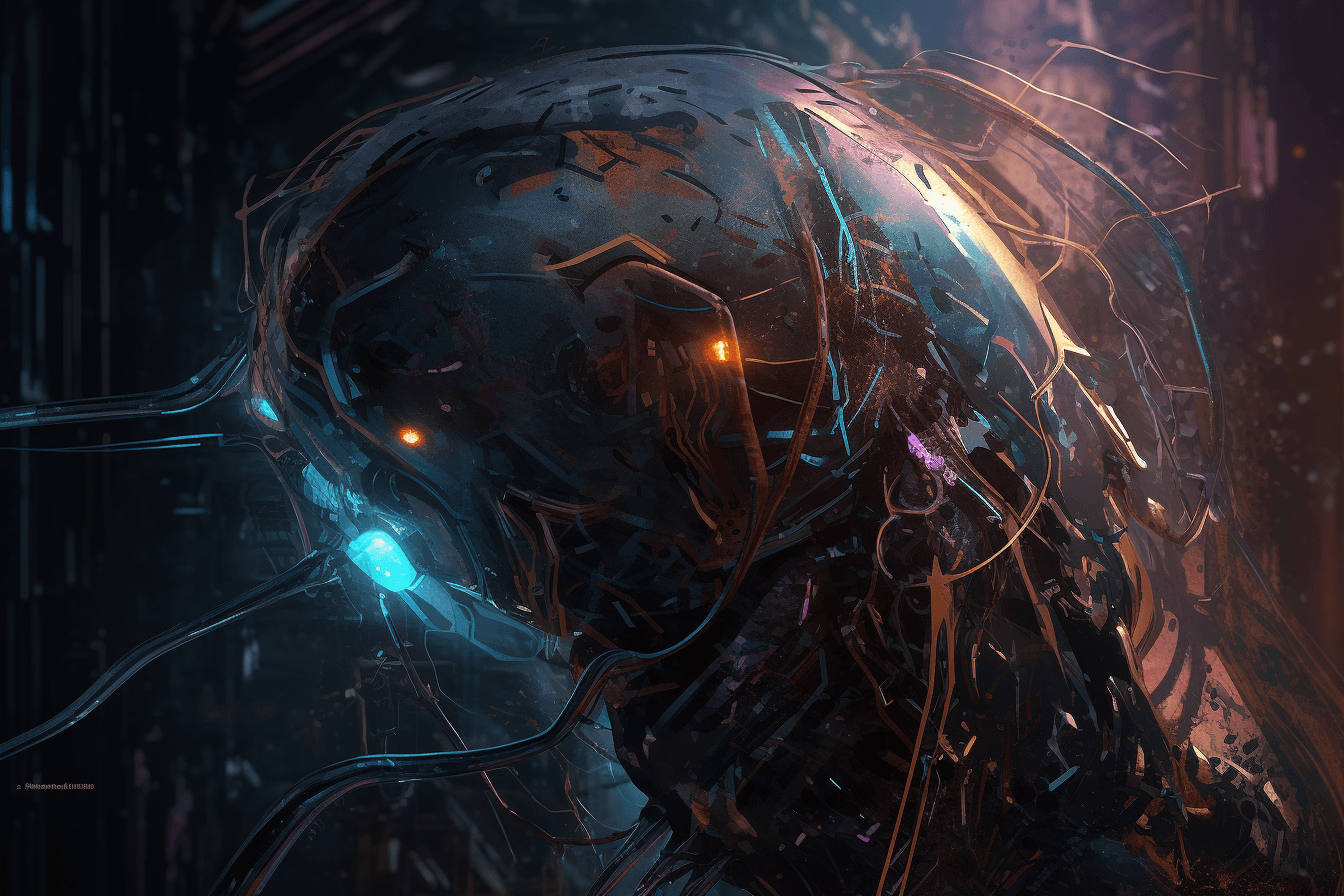 A stylized illustration of a cybernetic organism, with metallic textures and digital glitch effects.