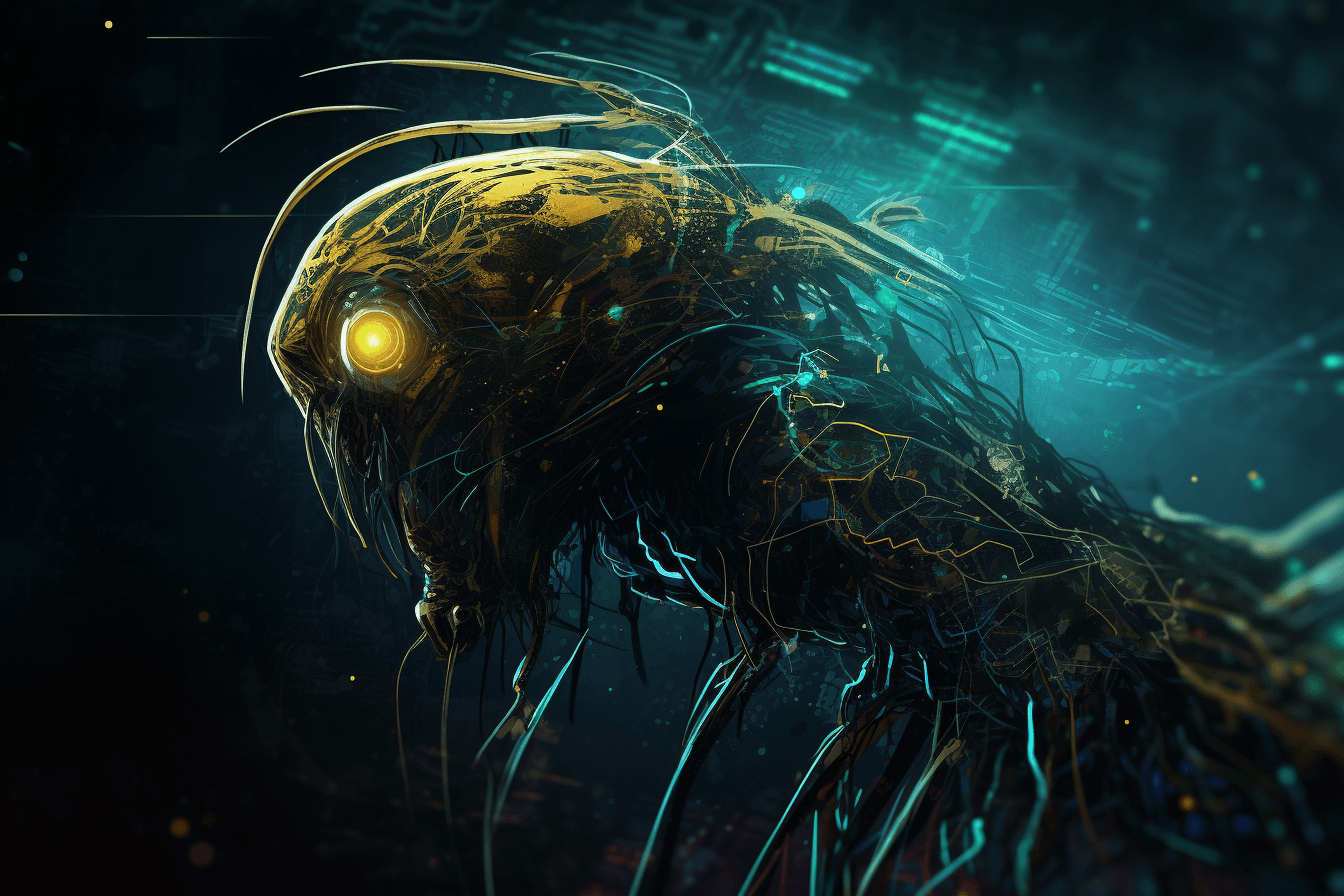 A stylized illustration of a cybernetic organism, with metallic textures and digital glitch effects.