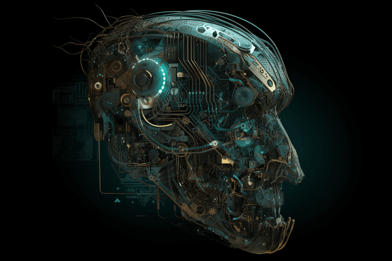 A stylized illustration of a cybernetic organism, with metallic textures and digital glitch effects.