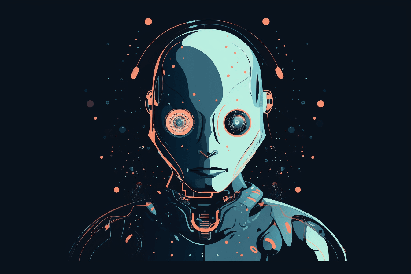 A stylized illustration of an AI-powered robot, with sleek and modern graphics and a minimalist color scheme.