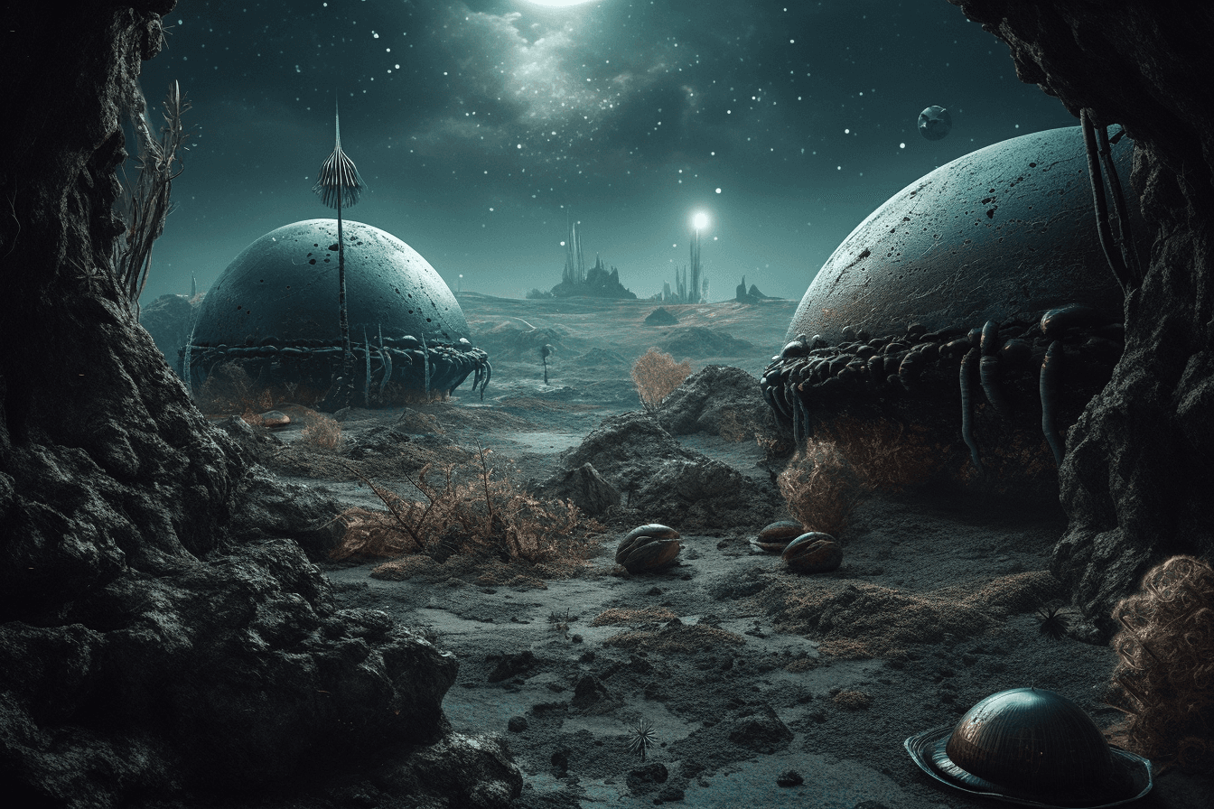 A surreal landscape of alien planets and strange, otherworldly creatures.