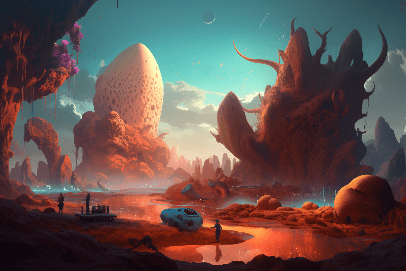 A surreal landscape of alien planets and strange, otherworldly creatures.