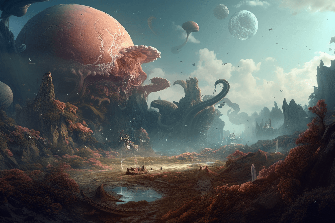 A surreal landscape of alien planets and strange, otherworldly creatures.