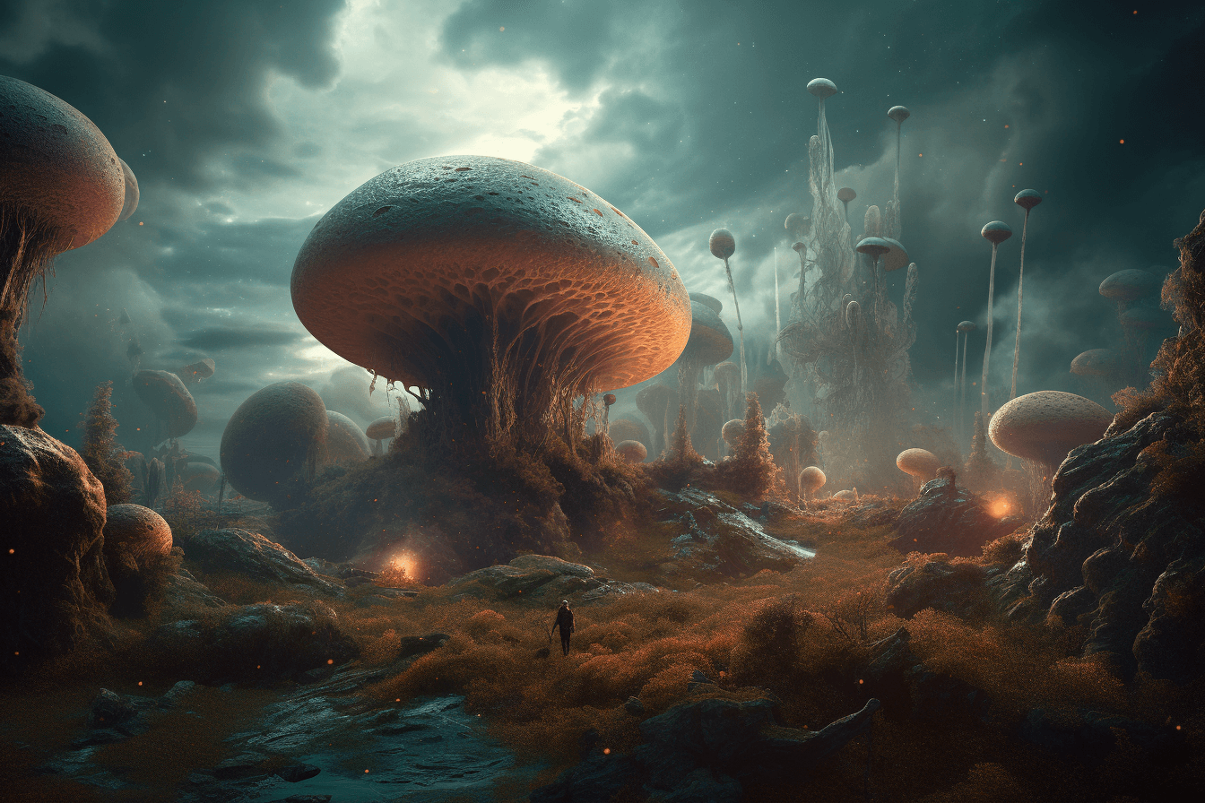 A surreal landscape of alien planets and strange, otherworldly creatures.