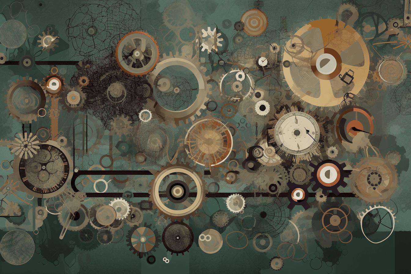 A surrealist-inspired wallpaper with floating objects such as gears, cogs, and computer parts, against a background of muted colors.