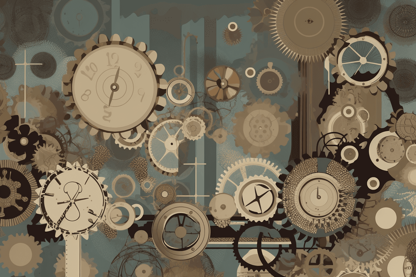 A surrealist-inspired wallpaper with floating objects such as gears, cogs, and computer parts, against a background of muted colors.