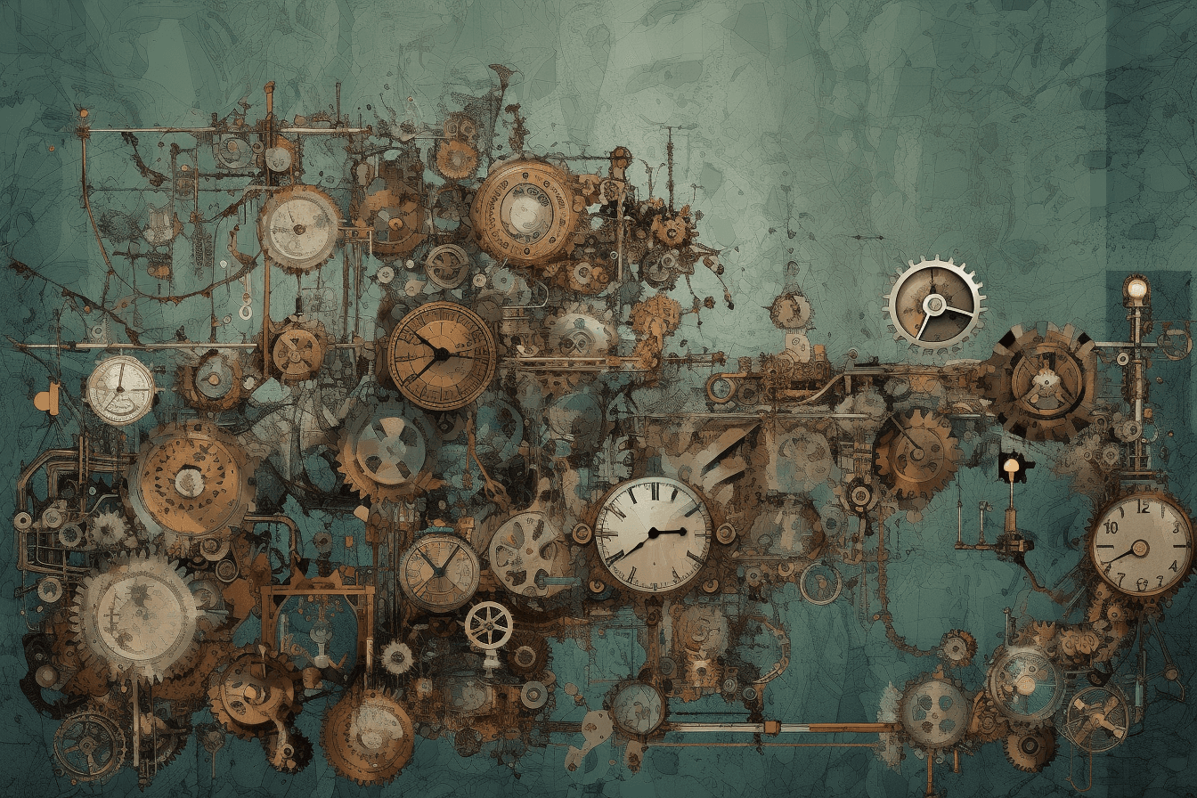 A surrealist-inspired wallpaper with floating objects such as gears, cogs, and computer parts, against a background of muted colors.