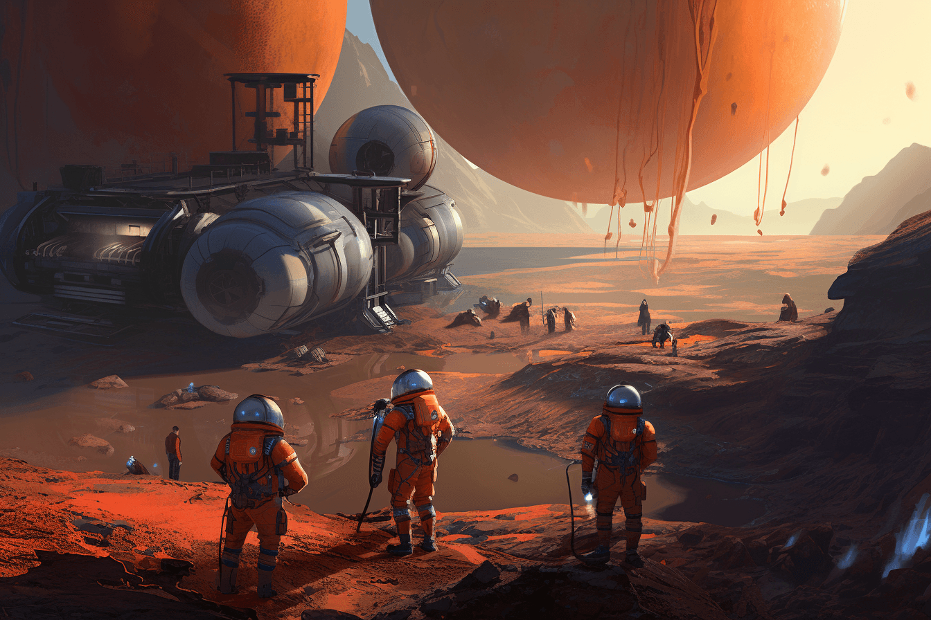 A team of AInauts and their AI companions conducting experiments on the surface of a massive, gas giant planet.