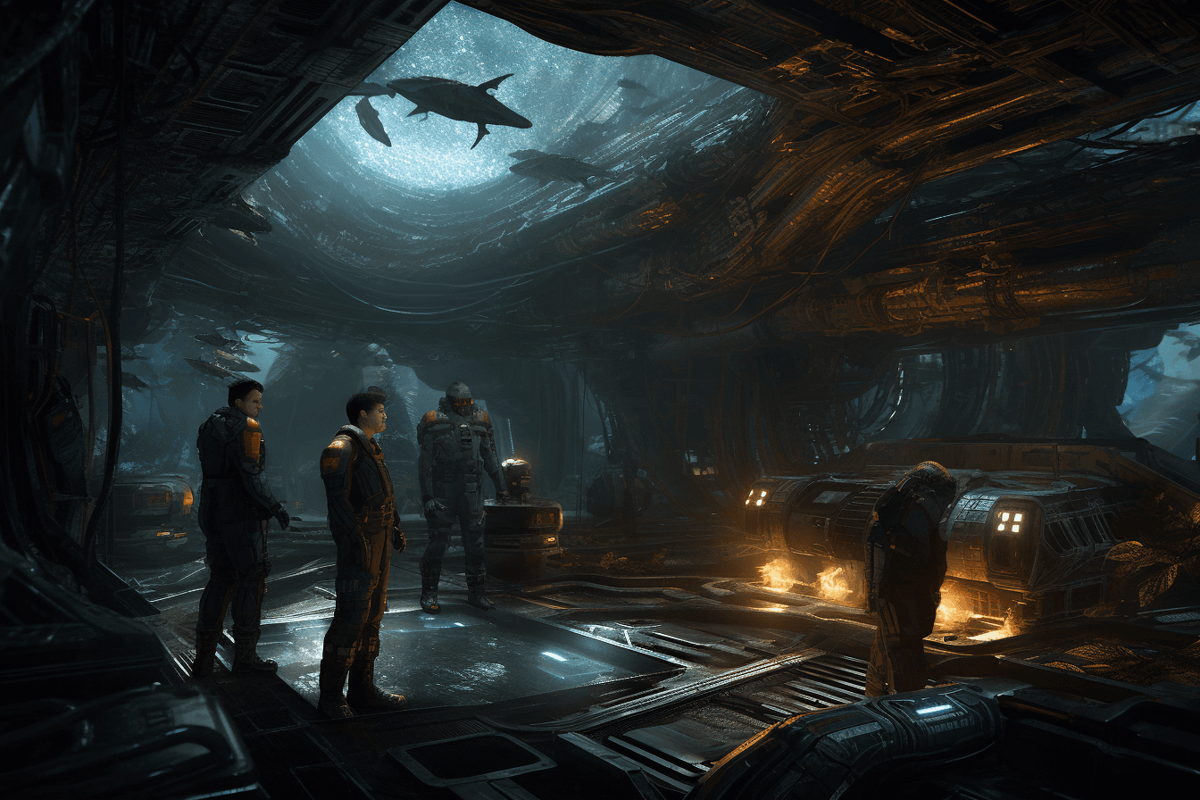 A team of AInauts and their AI companions exploring a massive, abandoned alien spacecraft floating in the depths of space.