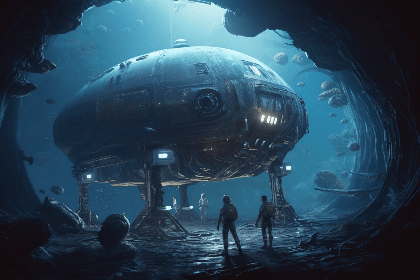 A team of AInauts and their AI companions exploring a massive, abandoned alien spacecraft floating in the depths of space.