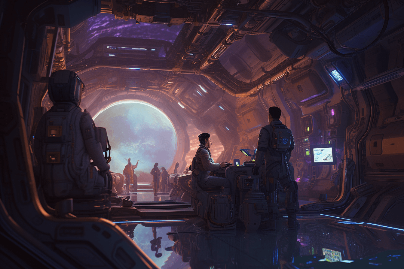 A team of AInauts and their AI companions exploring a massive, ancient space station orbiting a distant planet.