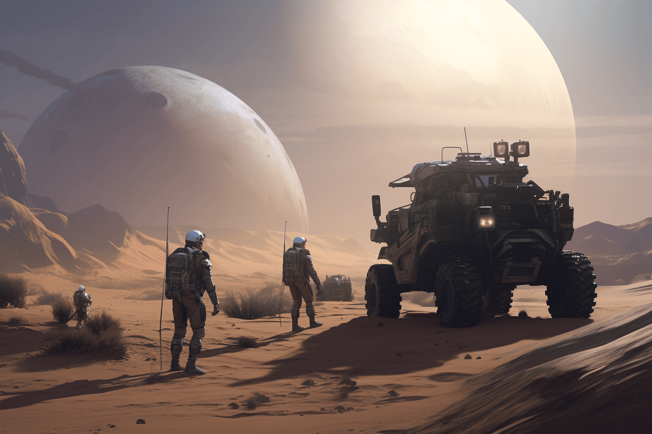 A team of AInauts and their AI companions racing across the surface of a desert planet in high-tech buggies.