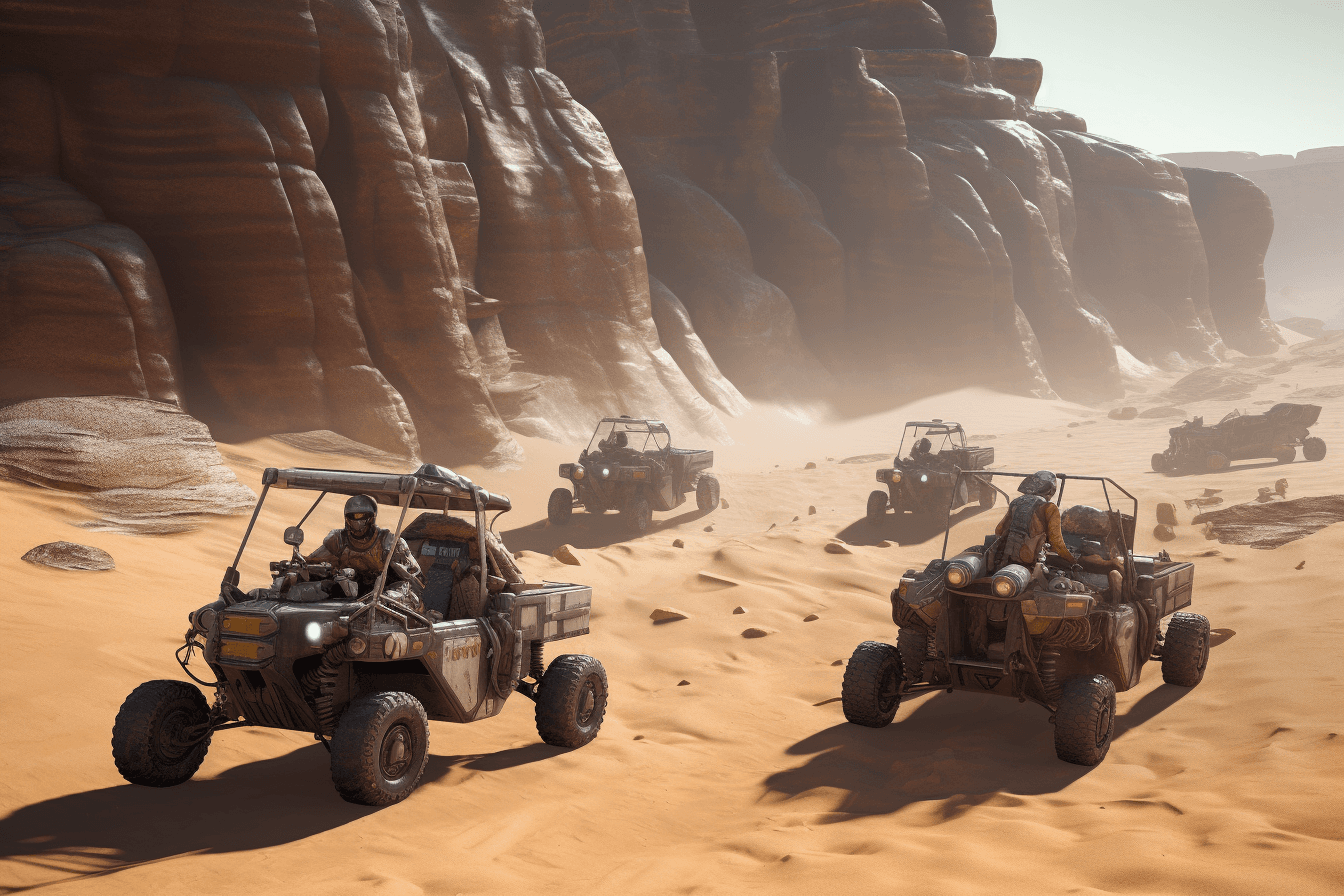 A team of AInauts and their AI companions racing across the surface of a desert planet in high-tech buggies.