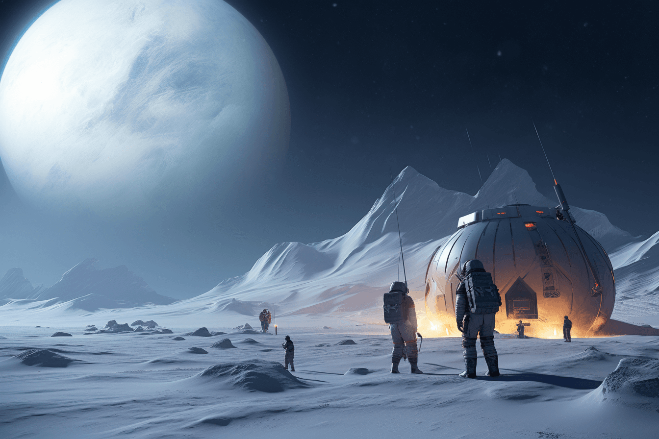 A team of AInauts conducting experiments on a massive, frozen moon orbiting a gas giant planet.