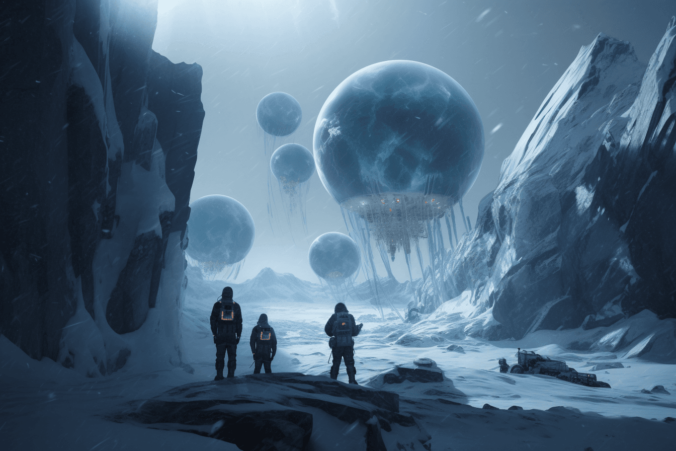 A team of AInauts conducting experiments on a massive, frozen moon orbiting a gas giant planet.