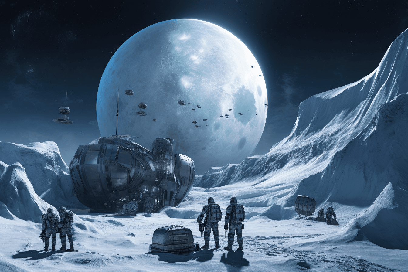 A team of AInauts conducting experiments on a massive, frozen moon orbiting a gas giant planet.