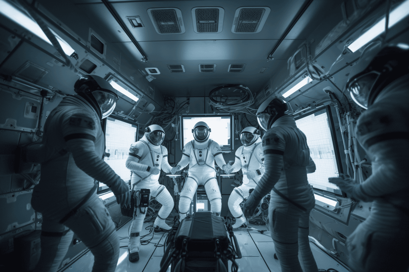 A team of AInauts in a zero-gravity chamber conducting experiments on the effects of AI on the human body.