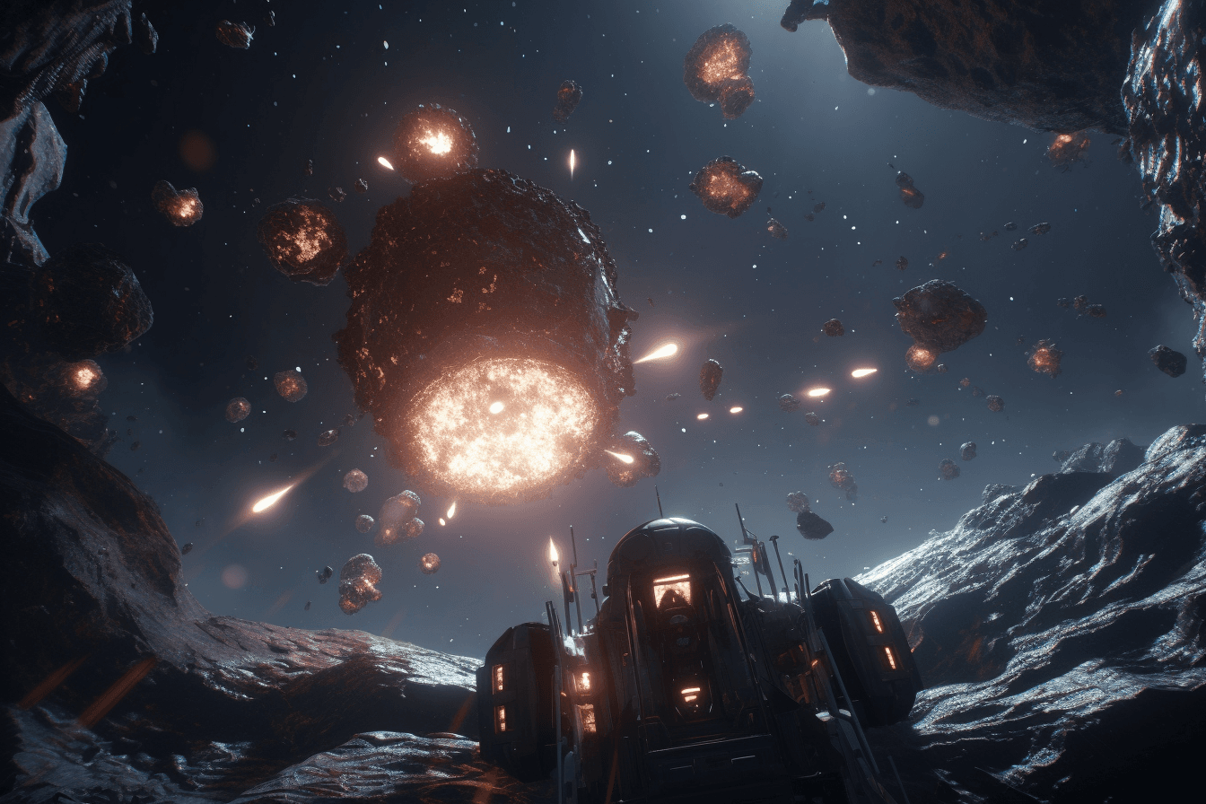 A team of AInauts piloting a spacecraft through an asteroid field, with explosions and debris flying all around them.