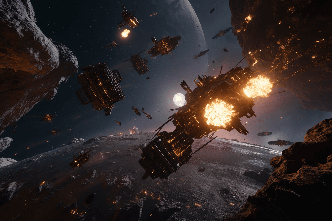 A team of AInauts piloting a spacecraft through an asteroid field, with explosions and debris flying all around them.