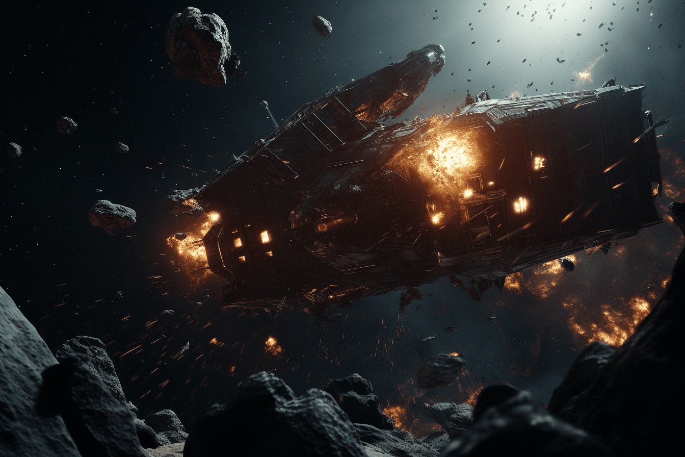 A team of AInauts piloting a spacecraft through an asteroid field, with explosions and debris flying all around them.